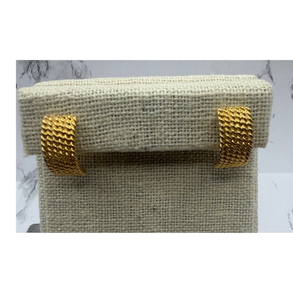 Monet Gold Tone Textured Mesh Curved Half Hoop Stud Earrings Signed 3/4"